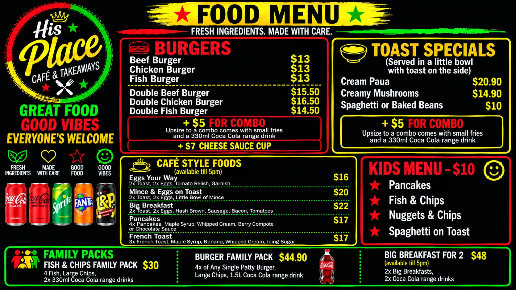 Preview of the His Place menu